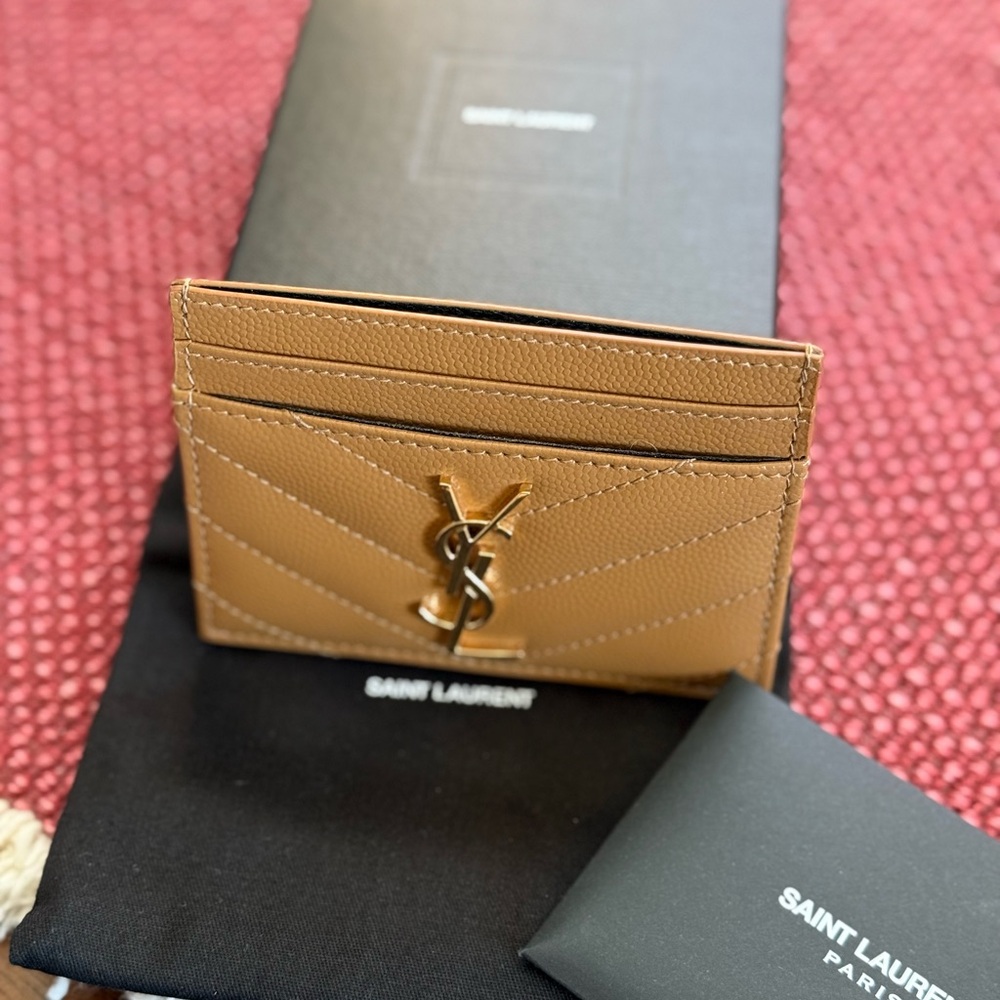 Authentic YSL Matelasse Monogram Card Case in Grained Leather